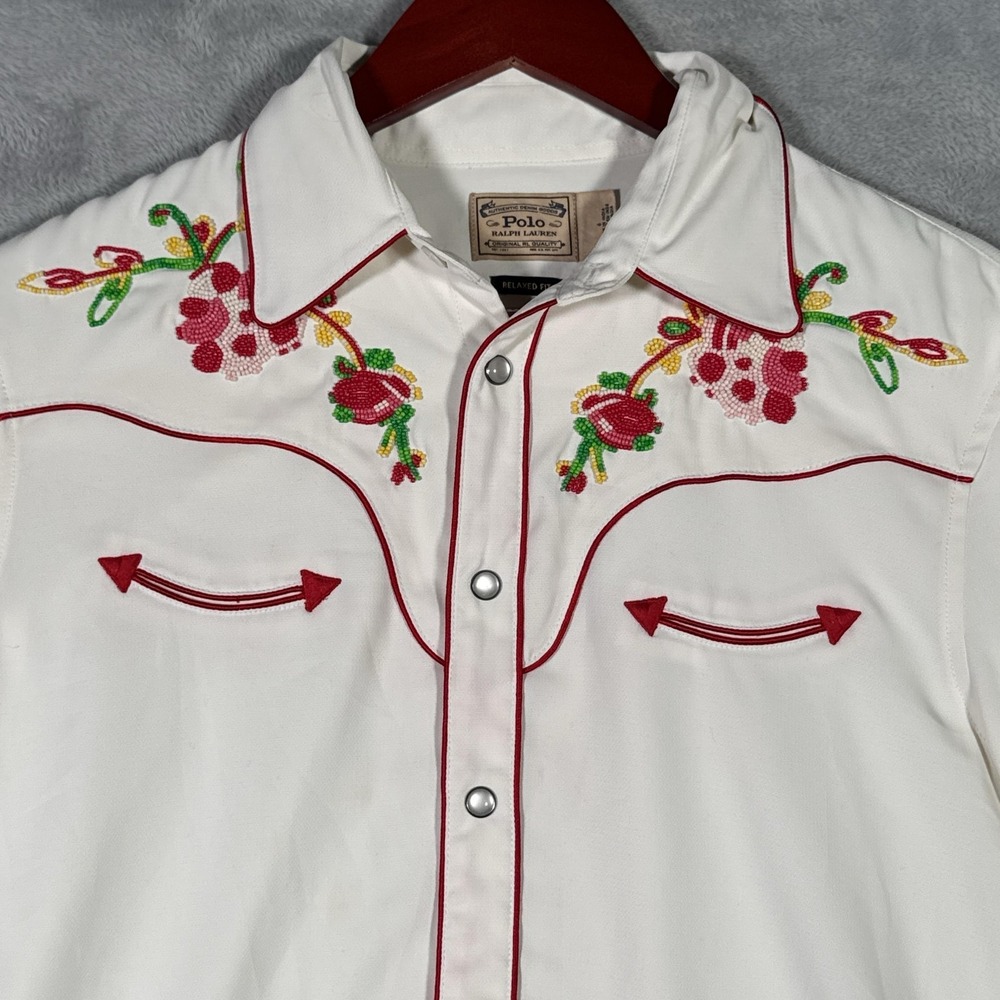 Polo Ralph Lauren Shirt Womens 6 White Beaded Floral Western Snap Smile Pockets